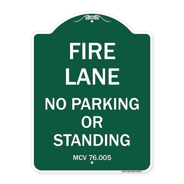 Signmission Michigan Fire Lane No Parking or Standing, Green & White Aluminum Sign, 18" x 24", GW-1824-23876 A-DES-GW-1824-23876 - main